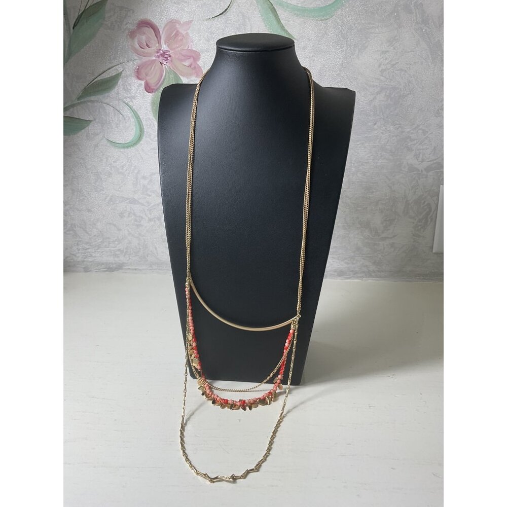 Taramanda Boho Coral Orange Gold Multi Strand Layered Bar Bib Statement Necklace